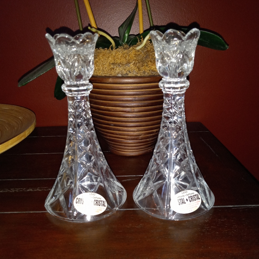 Vintage Deplomb Lead Crystal Candlestick Votive Candle Holders Flower Top Glass